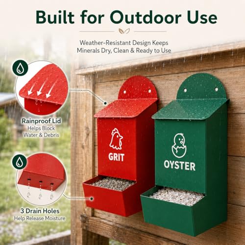 Chicken Grit and Oyster Shell Feeder 2 Pack, Oyster Shell for Chickens and Grit for Chickens Holder, No Waste Chicken Feeder with Rainproof Lids, Drain Holes, Wall Mounted Metal