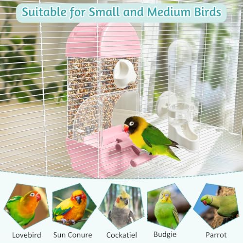 Tfwadmx No Mess Automatic Bird Feeder for Cage Transparent Food Container Parrot Water Dispenser Cage Accessories for Cockatiels, Finches, Budgies Canaries (Pink)