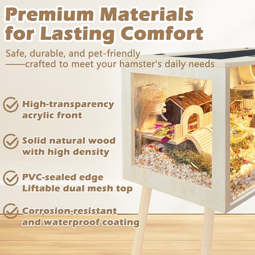 Prolee Hamster Cage with Curved Design,Chew Proof Wooden Hamsters Enclosure with Leg Stand and Openable Top or Gerbils,Hamster Habitat - size: 24.0"L x 16.0"W x 16.0"H