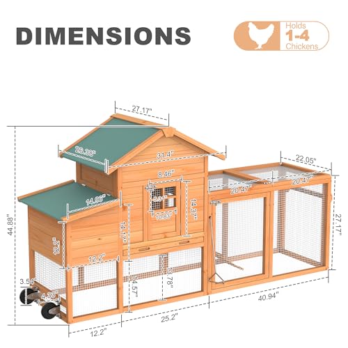 GOJOOASIS Portable Chicken Coop with Wheels & Handrail, Wooden Hen House | Outdoor 83” Predator-Proof Chicken Coop for 2-5 Chickens, Weatherproof Asphalt Top, Removable Tray, Ramp & Nesting Box