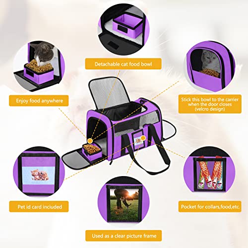 17" Airline Approved Cat Carrier for Cats up to 15lbs, Purple | TSA compliant fits under seat, soft-sided lightweight, 4-side breathable mesh,collapsible food bowl for travel - color: Purple