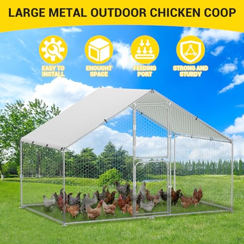 Takywep Walk-in Metal Chicken Coop, 9.8×6.5×6.5FT Galvanized Poultry Cage with Spire Roof, Waterproof UV Cover & Dual Doors, Heavy Duty Large Hen House for Backyard Farm, Suitable for Duck Quail - size: 118.1"L x 78.7"W x 78.7"H