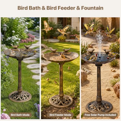 Athena Collection 31.5" Solar Powered Pedestal Bird Bath Fountain, Bronze | Detachable Solar Fountain Broad, 6 Spray Patterns, 5L Water Large Capacity，3 Ground Nails Included for Garden Yard Lawn - color: Bronze