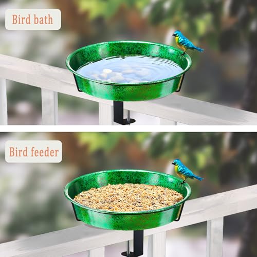 Metal Deck Bird Bath for Balcony Railing, Metallic Green & Blue 11.5” Bathing Bowl & Feeder with Adjustable Steel Clamp Outdoor Garden Decor Yard Art (0.7 Gallon) - color: Metallic Green/Blue