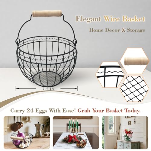 Farmhouse Wire Egg Basket for Gathering Fresh Eggs, Holds 24 with Handle | Vintage Style, Black Metal Open Weave, Backyard Chicken Keepers, Easter/Christmas Gift, Egg Collecting Basket, Countertop