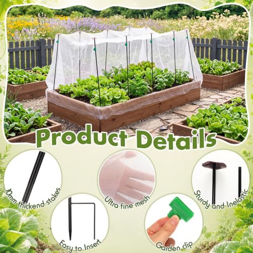 Metal Garden Netting Kit, 10 Pack 2.6ft Raised Bed Net Support Stakes with 10"x20" Fine Mesh Insect Netting 16 Pcs Clips Insect Row Cover for Raised Beds Protect Vegetable Row