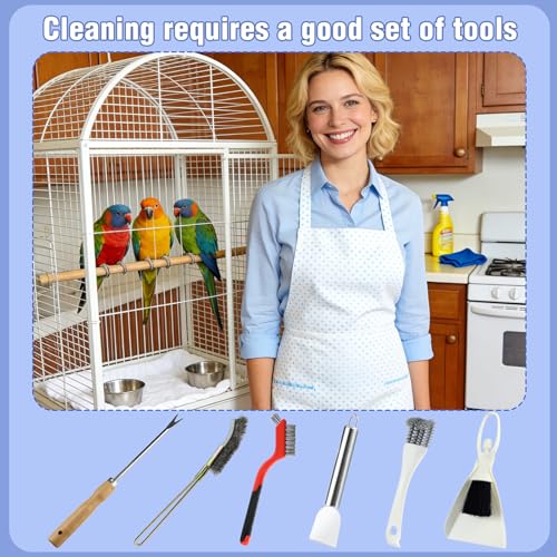 6PCS Bird Cage Cleaning Brush Kit Stainless Bird Cage Cleaner Tools Set Accessories for Small Medium,Large,Tall,Stainless Steel,Parakeet,Budgie,African Grey Parrot,Cockatoo Birds Cages Accessories