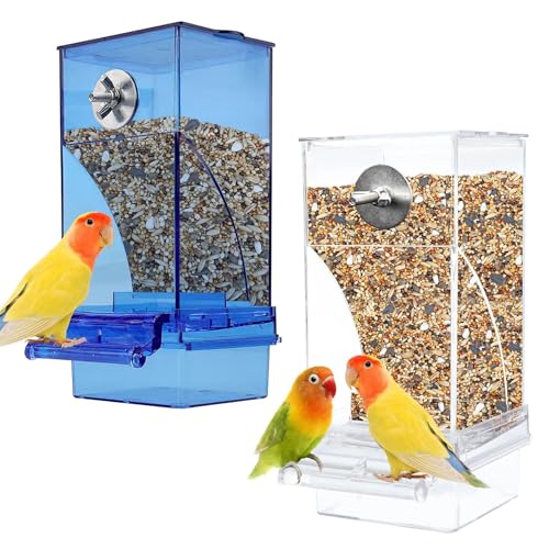 kathson No-Mess Bird Cage Feeder Automatic Parrot Feeders Seeds Container Acrylic Finch Foraging Feeders Parakeet Food Dispenser Cage Accessories for Small Birds Canary Budgie Lovebirds - color: Blue+Clear