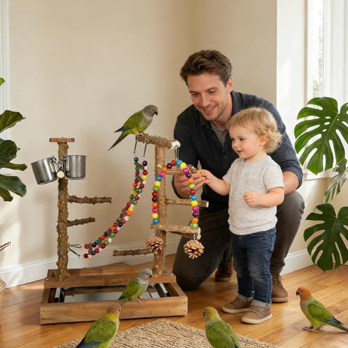 Wooden Bird Play Stand Parrots Playground Perch Stand with Bird Ladder Chewing Toys and 2 Stainless Steel Cups (Brown) - color: Brown