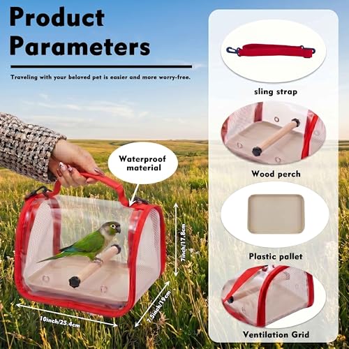 Red Small Bird Cage Travel Carrier with Perch – Portable Bird Backpack, Travel Bird Cage for Parakeets, Canaries, Budgies, Cockatiels and Love Birds, Pet Carrier for Vet Visits and Outdoor Use - color: Red