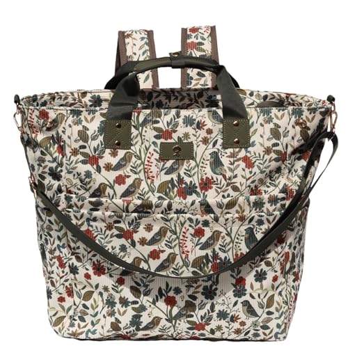 Diaper Tote Bag Totepack Backpack Crossbody Bag 3 in 1 for Women Laptop Backpack Multifunctional with Insulated Pockets - color: Corduroy Leaf Bird