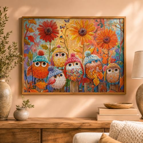 Cross & Glory | Jigsaw Puzzles for Adults | A Cozy Little Parliament | Cute Autumn Birds in Knitted Hats | Whimsical Fall Forest Puzzle | 2mm Thick Pieces | Satin Finish | Ages 14+ - color: Cozy Little Parliament