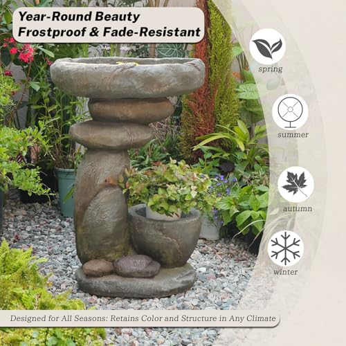Solar Fountain for Bird Bath, Water Fountain Outdoor with Planter, Freestanding Rock Solar Waterfall with LED Lights for Garden, Patio, Yard - color: Gray-28 in