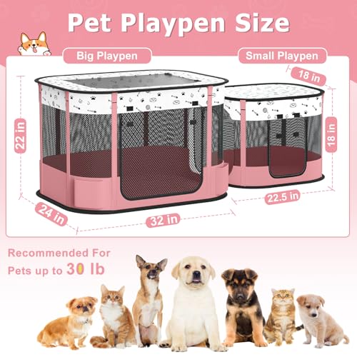 Portable Cat Playpen with litter box area, Foldable Pet Dog Playpen, for Kitten Puppy Play Pen Indoor/Outdoor, Cats Enclosure Cages Tent with Carrying Case, 600D Oxford 8-Rods, 32"x24"x22", Pink - color: Pink