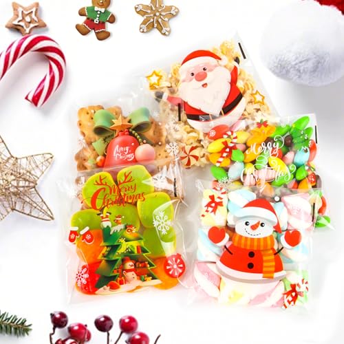 Self-Sealing Christmas Cellophane Treat Bags – 200Pack 4x4 Self-Adhesive Clear Holiday Cookie Bags with Festive Designs for Gift Giving, Small Goodie Bags for Candy, Cookies, Party Favors & Gifts - color: Christmas - 200PCS