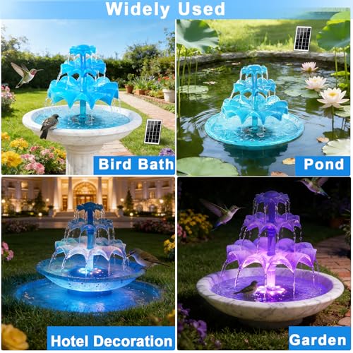 Yeomi 3-Tier Solar Fountain Pump with LED Lights, 24H Outdoor Water Feature, Detachable Design, Multi-Function Bird Bath Water Fountain for Garden Patio Yard Backyard Pond, 3.5W - color: Blue