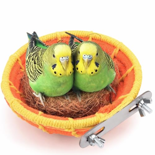 KATUMO Bird Nest, 5.3in Parrot Breeding Nest Bed with Natural Coconut Fiber Bedding for Budgie, Parakeet, Cockatiel, Conure, Lovebird, Canary, Finch, Small Birds - color: Orange+Yellow