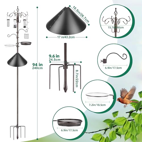 Bird Feeding Station Kit with Squirrel Baffle Bird Feeder Pole with Suet Cage Mesh Tray Fruit Hook Double W Hook for Attracting Wild Birds and Hanging Planter Hanger Lights - size: 94 Inch W hook with squirrel baffle
