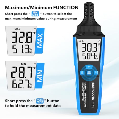 Temperature Humidity Meter, High Precision Digital Hygrometer with Ambient, Dew Point, Wet Bulb Temperature for Indoor Outdoor, Thermometer with Min/Max, Data Hold, LCD Backlight, TH11 - color: Blue, size: TH11