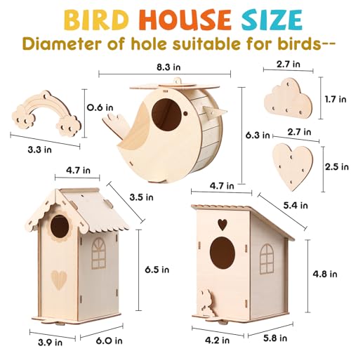 JMMICO 3 Pack Bird Houses Kits for Kids, Wooden Painting Arts and Crafts for Kids Ages 8-12, Build & Paint Your Own Bird Houses and Wind Chime Kits, Toddlers Easter Gifts for Girls Boys - size: 3PCS