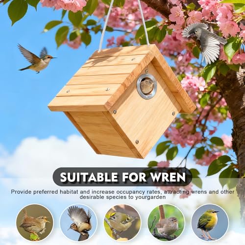 Gtongoko Wren Bird Houses for Outside with 1-1/8" Entrance Log Color 1 Pack | Wood Nesting Box with Metal predator guard, Climbing Grooves, Clean-Out Door, Air-Vent for Wrens & Carolina Wrens - color: Log color-1pc