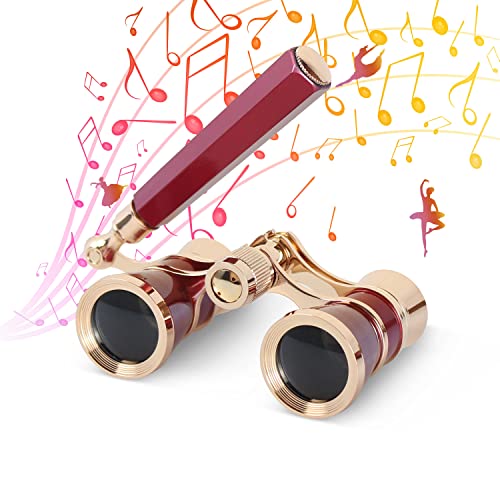 Aomekie Opera Glasses Binoculars 3X25 Theater Glasses Mini Binocular Compact with Handle for Adults Women in Musical Concert（Red） - color: Red with Handle