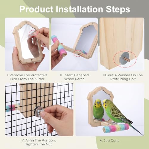 Bird Mirror for Cage Wooden Standing Birds-Mirror Bird Toys for Parakeets | Chewing Perch with Reflective Mirrors Wooden Swing Mirrors for Parrots Budgies Parakeets Cockatiels Lovebirds