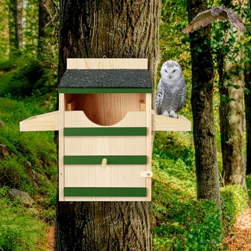 Owl House, Screech Wooden Owl Nesting Box, Weatherproof Design with Bird Stand, Large Opening, Mounting Screws, and Wood Shavings for Outside Backyard
