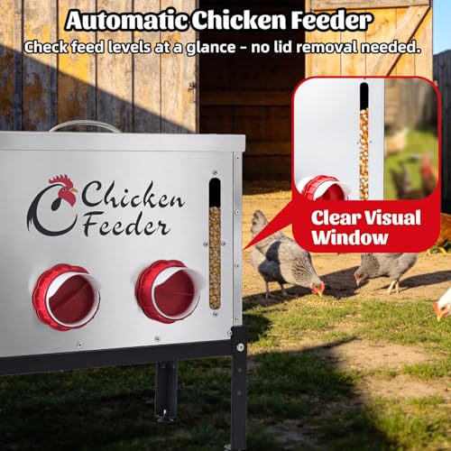 40LB Metal Chicken Feeder, Rat Proof Automatic Chicken Feeder with Visible Window & 6 Ports, Galvanized No Waste Poultry Feeder for Chickens, Ducks, Geese - size: 40 LBS