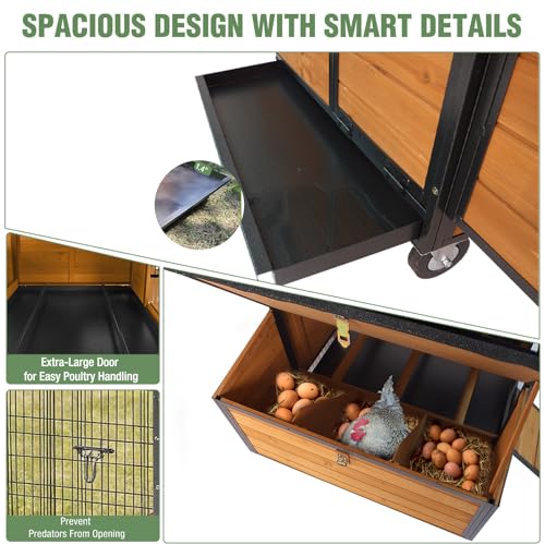 GUTINNEEN Large Chicken Coop with Run, Mobile Chicken Tractor for 6-8 Chickens, Upgraded Metal Frame Hen House with Wheels, 6 Nesting Boxes, Metal Pull-Out Tray, Asphalt Roof - size: 76.65"L x 53.81"W x 36.81"H