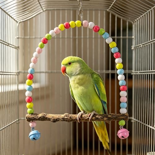 Wooden Bird Swing, 9 Inches Hanging Bird Cage Perches with Playing Bell, Natural Bird Chew Toys Boredom Breaker Bird Toys for Parakeets, Budgie, Cockatiel (Macaron Colors, L) - color: Macaron Colors