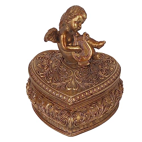 S-MANTIS Vintage Box Antique Trinket Organizer Rings Earrings Storage Gilded Heart Shape Box With Sophisticated Floral Decor And Cherub Figurine Playing The Harp Lid Keepsake Gift (Antique Gold-Heart) - color: Antique Gold-Heart