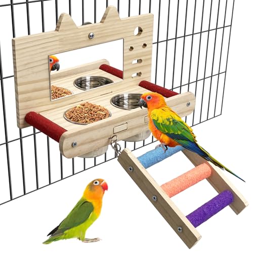 Tfwadmx Bird Food Stainless Steel Cups Wooden Perch Stand with Ladder Hanging Feeder Bowls Feeding and Watering Supplies for Parakeets Conures Cockatiels Budgie Parrot - size: Style 2