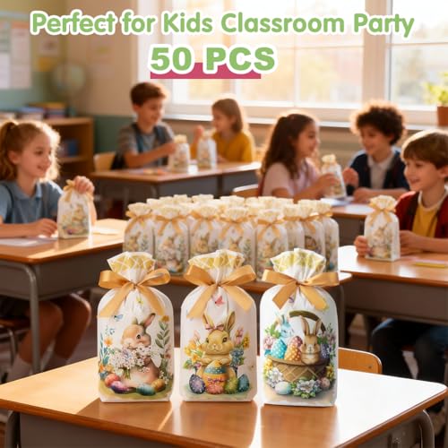 JOINDO 50 PCS Easter Treat Bags, 6x9 Inches fit Goodies and Small Gifts, Ribbon Drawstring Fast Packaging & Easy Use, Stand up Bottom, 3 Patterns, (Pattern 3) - color: Pattern 3