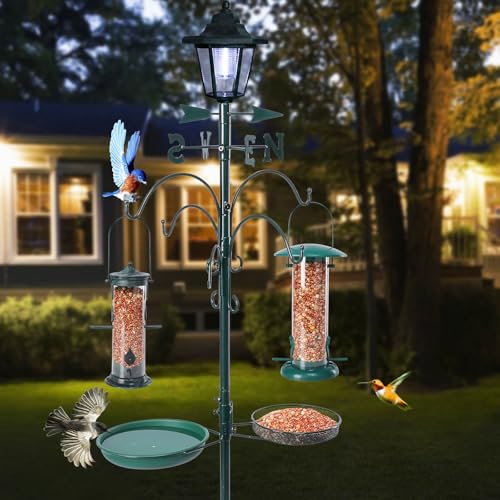 Yinns 58 Inch Outdoor Bird Feeder Pole with Bird Bath and Solar Light | Outdoor bird feeding station, 2 hanging feeders, bird bath, mesh tray, flower basket, weather vane, solar lantern - color: A-58inch Green