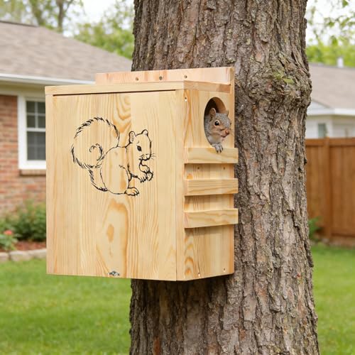 Large Squirrel House for Outside, Wooden Squirrel Box with Predator Guard | Squirrel Nesting Box for Squirrels and Chipmunks, with Internal and External Climbing Ladders, 4 Corner Drainage Holes - size: Large: 8"wide