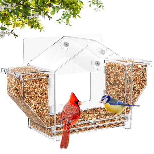 Window Bird Feeder with Dual Side Storage, Strong Suction Cups and Adhesive | High Capacity Outside Birdfeeder for Window, Close-up Viewing for Indoor Cats & Seniors, Ideal Nature Gift