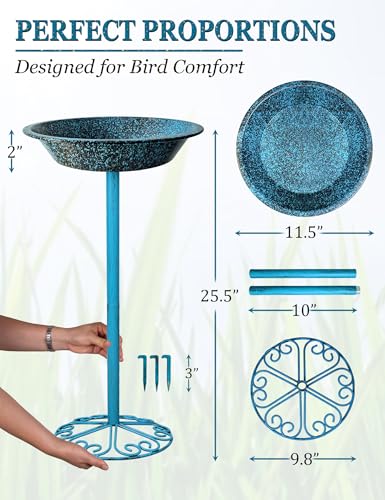 SAC SMARTEN ARTS Freestanding Bird Bath for Outside Metal Birdbaths Birdfeeder Bowl with Metal Stake Spa Bird Feeder Standing for Garden Patio Yard Lawn Décor 25.5 Inch Height - color: Carbon Black with Turquoise & Copper Speckles