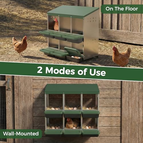 Garvee 6-Hole Chicken Nesting Box with Removable Lid, Metal Chicken Coop with Roll Away Design/Easy Egg Collection/Ventilation Holes, for Chicken Coops, Duck Coops and Hens (Green) - color: GREEN, size: 31.9"L x 20.5"W x 31.1"H