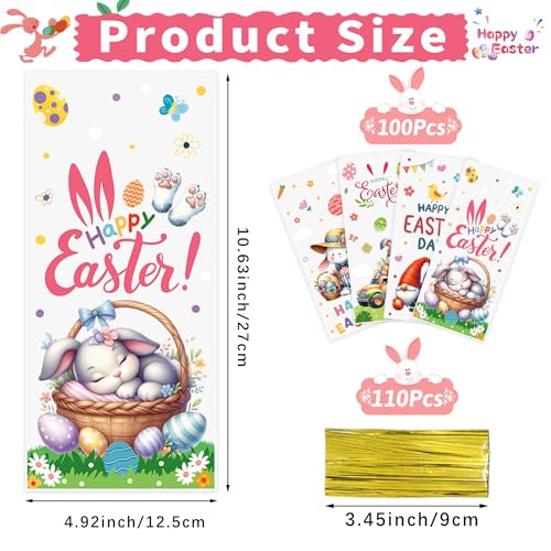 100 Pack Easter Treat Bags, Clear Easter Cellophane Bags with 110 Ties for Candy Goodie Cookies Gift Wrapping, 2.8 Mil Thick Plastic Goodie Bags for Easter Egg Hunt, Party Favors, Classroom Gifts - color: Easter-100pcs