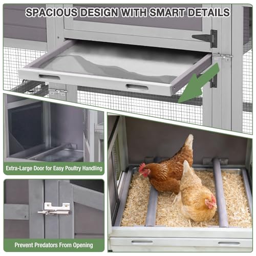 80" Large Chicken Coop on Wheels, with Run, Outdoor Wooden Hen House with Nesting Box, Leakproof Pull-Out Tray & Waterproof Roof, for 4–6 Chickens - color: Grey (AIR61)