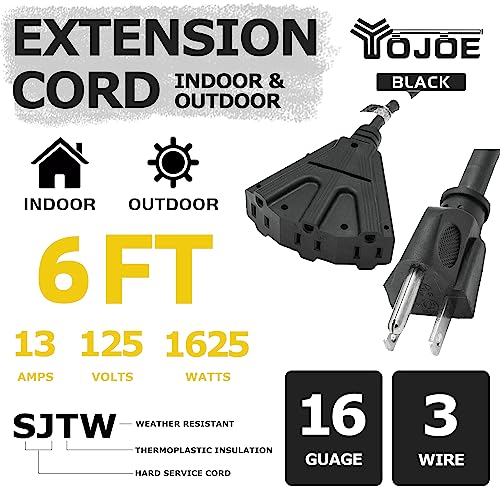 YOJOE 3-Outlets Indoor Outdoor Extension Cord, 3 Prong 13A Weatherproof Power Cord Multiple Outlets, 16 Gauge Heavy Duty 6 ft Black Extension Cord for Garage, Garden, 16/3 SJTW UL Certified - color: Black, size: 6 Foot, style: Standard