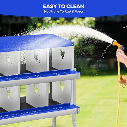 GarveeTech Chicken Nesting Box with Legs, 6 Compartment Metal Hen House, Elevated Design for Cleaner Eggs, Easy Egg Collection & Durable Poultry Nesting Solution - size: Blue-6 Compartments with legs
