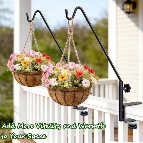 15 Inch Deck Hooks Hanger for Railing 2 PCS, 360° Swivel Adjustable | Heavy Duty Solid Shepherds Hooks for Outdoor Hanging Plants, Deck Hook for Bird Feeder, Railing Plant Hanger Bracket Outdoor - size: 15Inch -2PCS