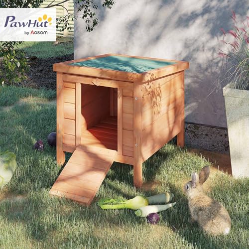 PawHut Small Wooden Rabbit Hutch Bunny Cage Guinea Pig Cage Duck House Dog House with Openable & Waterproof Roof, Natural - color: Brown