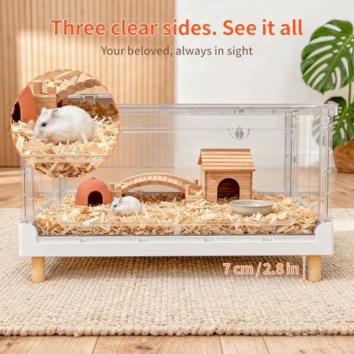 Hamster Cage 13.4" Low Profile Cozy Dwarf Hideout Castle | 470 Sq In roomy floor, frosted rear privacy panel, 2.5" base tray, bookshelf fit draft protection, 5-min foldable frame - size: 27.5"L x 16.9"W x 13.4"H