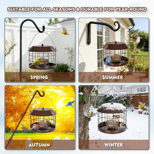 Gbekery Caged Bluebird Feeder for Mealworms with Glass Bowl, Squirrel Proof Bird Feeder for Small Birds Only, Detachable Hook, Large Space, Outdoors Weatherproof, Metal, Brown - style: Brown Glass Bowl