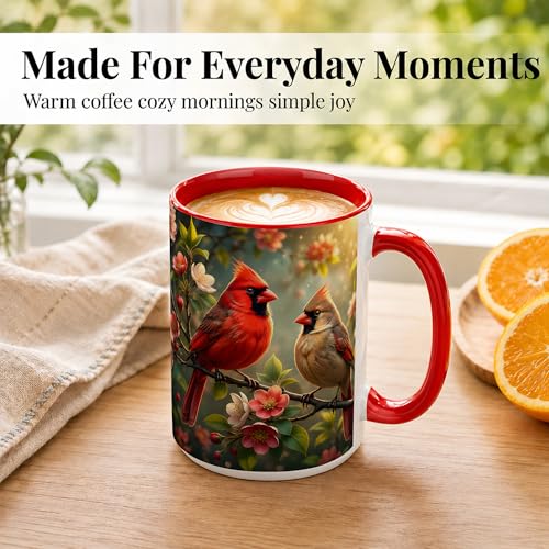 Cardinal Garden Coffee Mug, Bird Lover Mug, Spring Nature Gift for Home Office, Red Songbird Pair with Cherry Blossoms Branch Artwork, Ceramic Red Accent Handle Cup 15 Oz Drinkware (Bird Pair 15oz) - color: Bird Pair 15oz