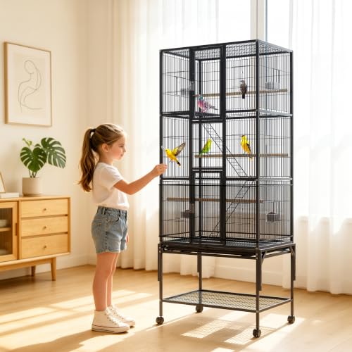69-Inch Large Bird Cage with Dust Cover,Extra Large Bird Cages for Parakeet | Birdcages for Cockatiels Quaker Conure Lovebird Finch Canary Small Medium Parrot with Rolling Wheels,Black - color: Black