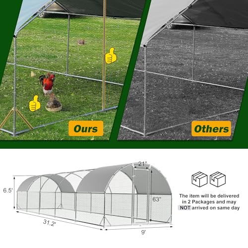 Large Metal Chicken Coop Round Top Upgrade Tri-Supporting Wire Mesh Chicken Run,Chicken Pen with Water-Resident and Anti-UV Cover,Duck Rabbit House Outdoor (31.2'L x 9'W x 6.5'H) - size: 374.4"L x 108.0"W x 78.0"H